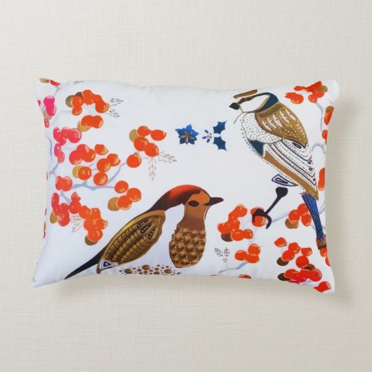 金ゴールドクリスマス冬の鳥ホリーベリーの枝 アクセントクッション (裏面)