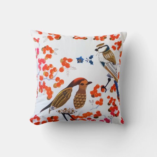 金ゴールドクリスマス冬の鳥ホリーベリーの枝 クッション (正面)