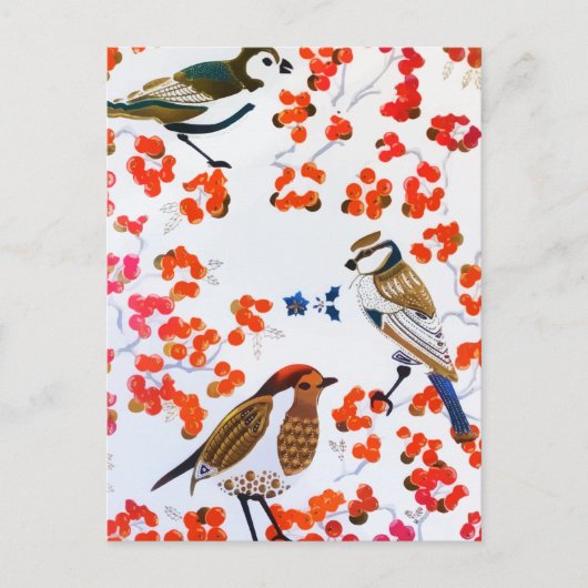金ゴールドクリスマス冬の鳥ホリーベリーの枝 ポストカード (正面)