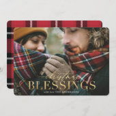 金ゴールドクリスマス恵み赤い格子縞のフォトカード シーズンカード (正面/裏面)