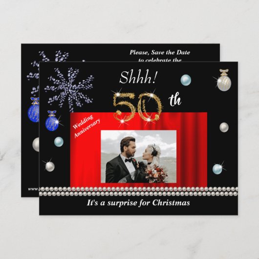 金ゴールドクリスマス結婚サプライズ50周年 招待状 (正面/裏面)