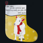 金ゴールドクリスマス親愛ヤギSanta私は良かった ラージクリスマスストッキング<br><div class="desc">雪片と赤いスカーフを着た愛らしい白いヤギを持つグラデーション金ゴールドの背景。このクリスマスのストッキング書は子供のような手の中で書のこのメッセージを持つ親愛- ：サンタ、私は良い小さなヤギだった。私のストッキングに美味しいお菓子を入れて下さい。愛（そしてヤギの名前にサインする） – 彼らの奇抜なヤギの飼い主のために愛らしい…私のように：)</div>