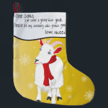 金ゴールドクリスマス親愛ヤギSanta私は良かった ラージクリスマスストッキング<br><div class="desc">雪片と赤いスカーフを着た愛らしい白いヤギを持つグラデーション金ゴールドの背景。このクリスマスのストッキング書は子供のような手の中で書のこのメッセージを持つ親愛- ：サンタ、私は良い小さなヤギだった。私のストッキングに美味しいお菓子を入れて下さい。愛（そしてヤギの名前にサインする） – 彼らの奇抜なヤギの飼い主のために愛らしい…私のように：)</div>