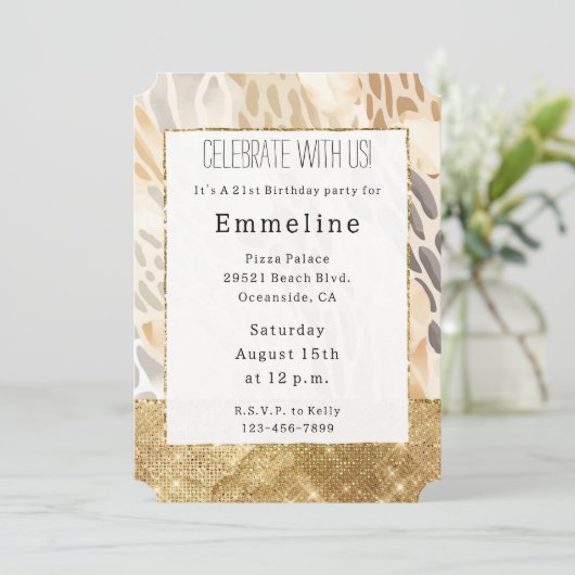 金ゴールドクリームアイボリーアニマルプリント抽象芸術 招待状 (スタンド正面)