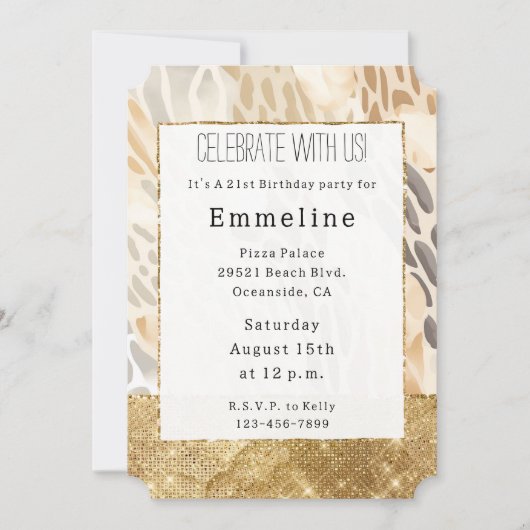 金ゴールドクリームアイボリーアニマルプリント抽象芸術 招待状 (正面)