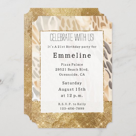 金ゴールドクリームアイボリーアニマルプリント抽象芸術 招待状 (正面/裏面)