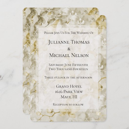 金ゴールドクリームオーキッドフラワーロマンチック結婚ズ 招待状 (正面/裏面)