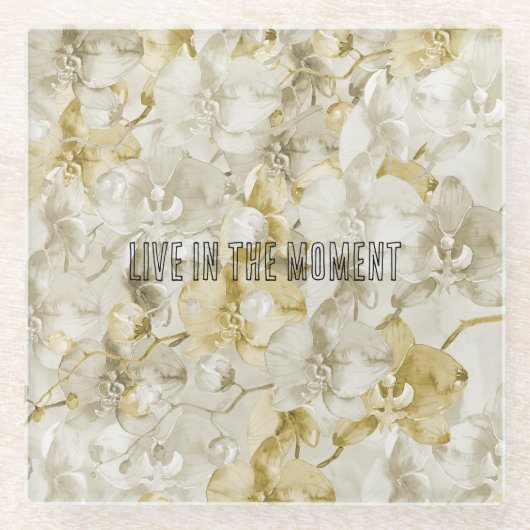 金ゴールドクリームオーキッドフラワー ガラスコースター (正面)