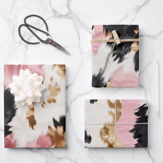 金ゴールドクリームピンクブラック女性のカーボーイ牛革 ラッピングペーパーシート (正面)
