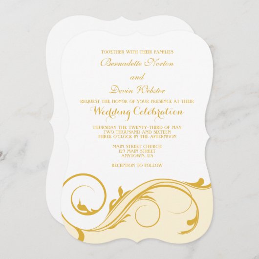 金ゴールドクリームフローラスワールブラケットウェディング招待状 招待状 (正面/裏面)