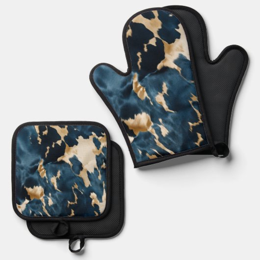 金ゴールドクリームブルーコウィド 鍋つかみ&鍋敷きセット (正面/裏面)