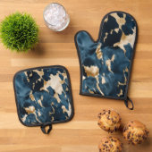 金ゴールドクリームブルーコウィド 鍋つかみ&鍋敷きセット