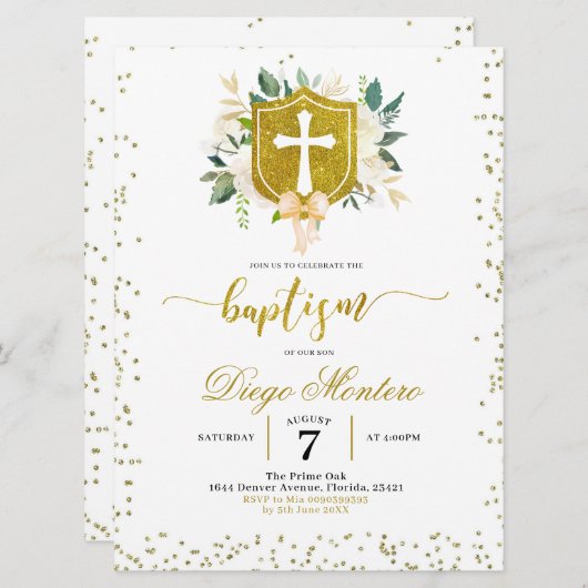 金ゴールドクレストとクロス男女兼用バプテスマ招待状 招待状 (正面/裏面)