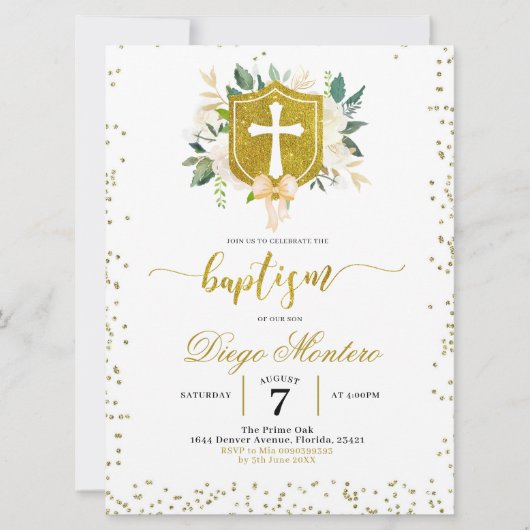 金ゴールドクレストとクロス男女兼用バプテスマ招待状 招待状 (正面)