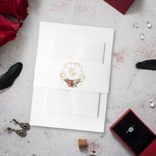 金ゴールドクレストクリスマスフローラ結婚ズモノグラム 招待状ベリーバンド