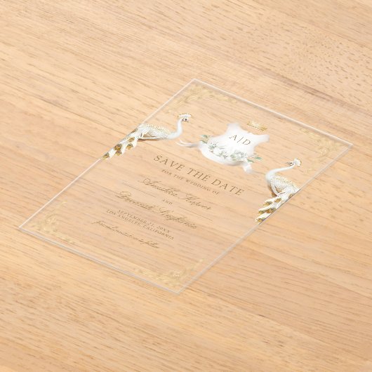 金ゴールドクレストホワイトピーコックウェディング日付を保存 アクリル招待状 (レイダウン)
