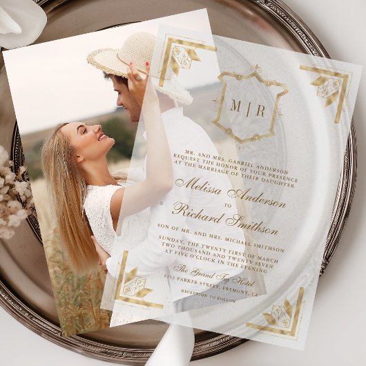 金ゴールドクレストモノグラム華美フレ結婚ーム ベラム紙招待状