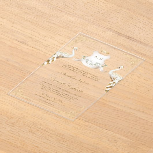 金ゴールドクレスト王室のインディアンホワイトピーコック結婚ズ アクリル招待状 (レイダウン)