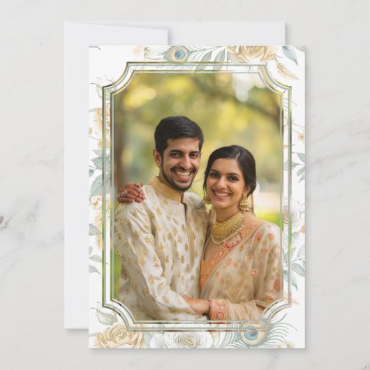 金ゴールドクレスト王室のインディアンホワイトピーコック結婚ズ セーブザデート (裏面)