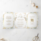 金ゴールドクレスト王室のインディアンホワイトピーコック結婚ズ 三つ折り招待状 (内部)