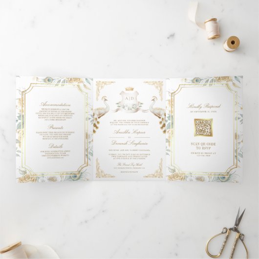 金ゴールドクレスト王室のインディアンホワイトピーコック結婚ズ 三つ折り招待状 (内部)
