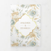 金ゴールドクレスト王室のインディアンホワイトピーコック結婚ズ 三つ折り招待状 (カバー)