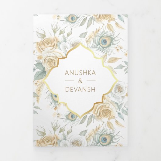 金ゴールドクレスト王室のインディアンホワイトピーコック結婚ズ 三つ折り招待状 (カバー)