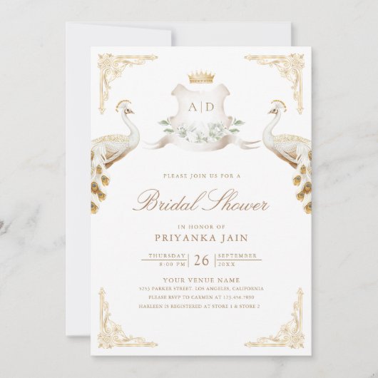 金ゴールドクレスト王室のホワイトピーコックブライダルシャワー 招待状 (正面)