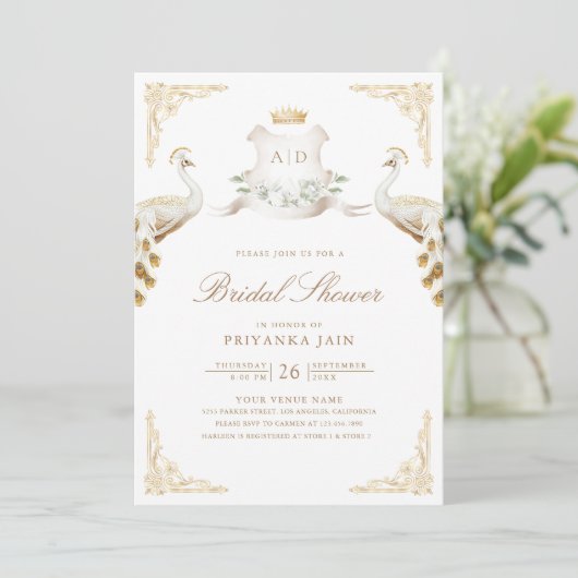 金ゴールドクレスト王室のホワイトピーコックブライダルシャワー 招待状 (スタンド正面)