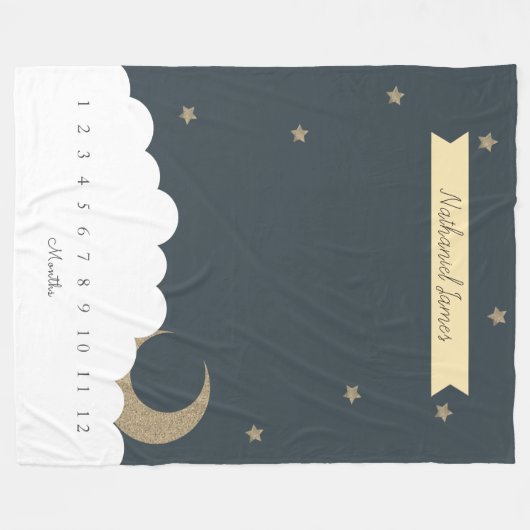 金ゴールドクレセントムーン&スターズネイビーブルーマイルストーンボーイ フリースブランケット (正面(横))