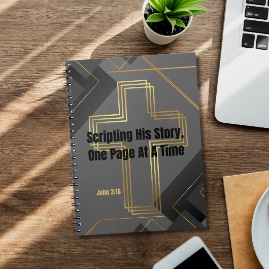 金ゴールドクロスとグレーモダンデザイン- John 3:16 ノートブック