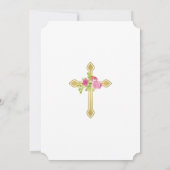 金ゴールドクロスとピンクのバラのフローラ最初の聖体 招待状 (裏面)