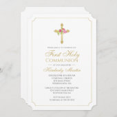 金ゴールドクロスとピンクのバラのフローラ最初の聖体 招待状 (正面/裏面)