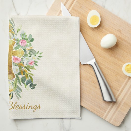 金ゴールドクロスとピンクのバラカスタムスのイースター キッチンタオル (四つ折り)