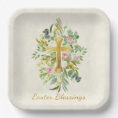 金ゴールドクロスとピンクのバラカスタムスのイースター ペーパープレート (正面)