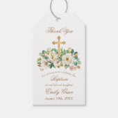 金ゴールドクロスとフローラホワイトバプテスマ ギフトタグ (正面)