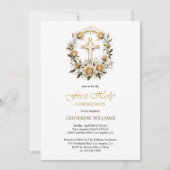 金ゴールドクロスと白のバラの最初の聖餐式 招待状 (正面)