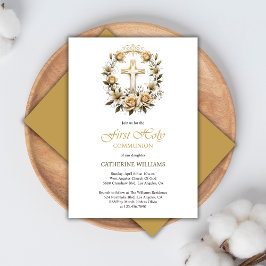 金ゴールドクロスと白のバラの最初の聖餐式 招待状