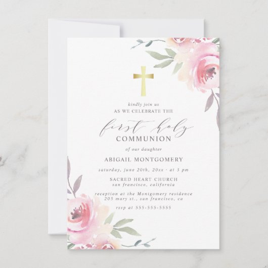 金ゴールドクロスと花絵を描最初の聖餐式 招待状 (正面)