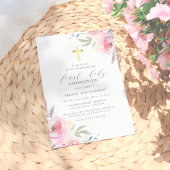 金ゴールドクロスと花絵を描最初の聖餐式 招待状