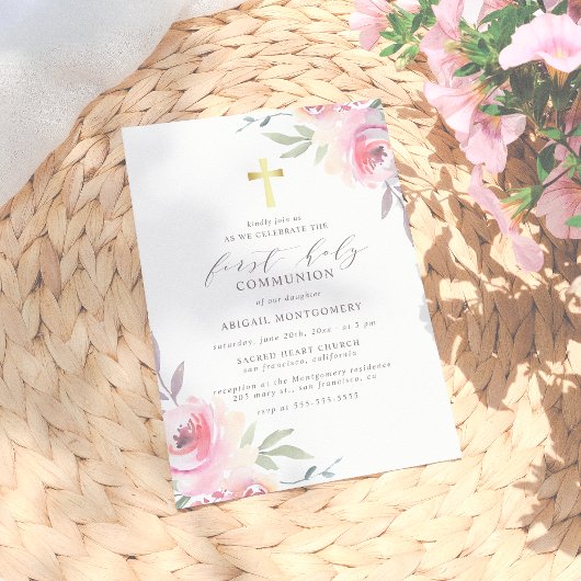 金ゴールドクロスと花絵を描最初の聖餐式 招待状