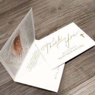 金ゴールドクロスエレガントフォトバプテスマ サンキューカード