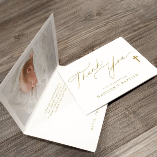 金ゴールドクロスエレガントフォトバプテスマ サンキューカード