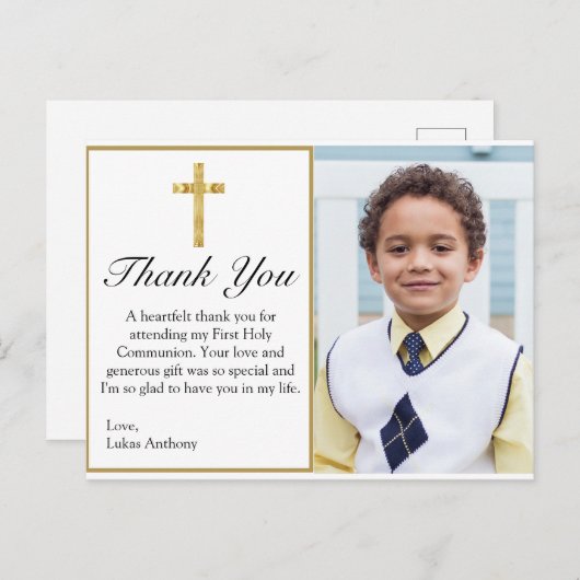 金ゴールドクロスエレガント写真第1回コミュニオンありがとう ポストカード (正面/裏面)