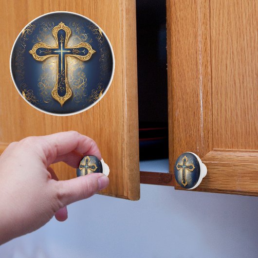 金ゴールドクロスオンブルー セラミックノブ