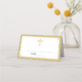 金ゴールドクロスグリッターネイビーブルーファースト聖餐式 プレイスカード (正面)