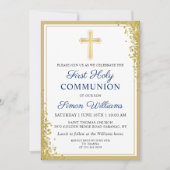 金ゴールドクロスグリッターネイビーブルーファースト聖餐式 招待状 (正面)
