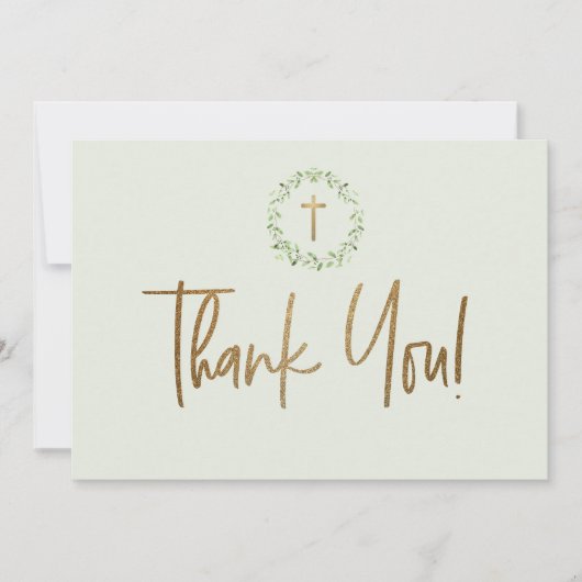 金ゴールドクロスグリーンウォーター葉カラーファーストコミュニオン サンキューカード (正面)