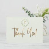 金ゴールドクロスグリーンウォーター葉カラーファーストコミュニオン サンキューカード (スタンド正面)