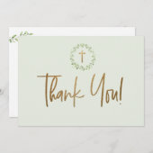 金ゴールドクロスグリーンウォーター葉カラーファーストコミュニオン サンキューカード (正面/裏面)